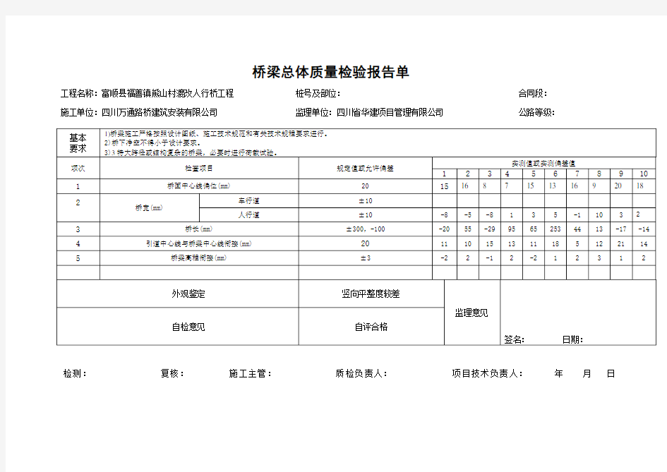 桥梁总体质量检验报告单