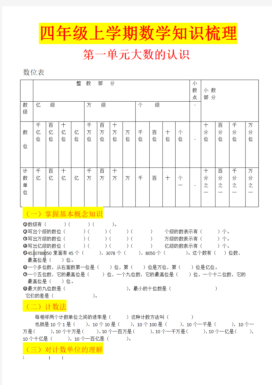 人教版 四年级上学期数学 知识点梳理与练习 (湖北黄冈名校 优质资料)