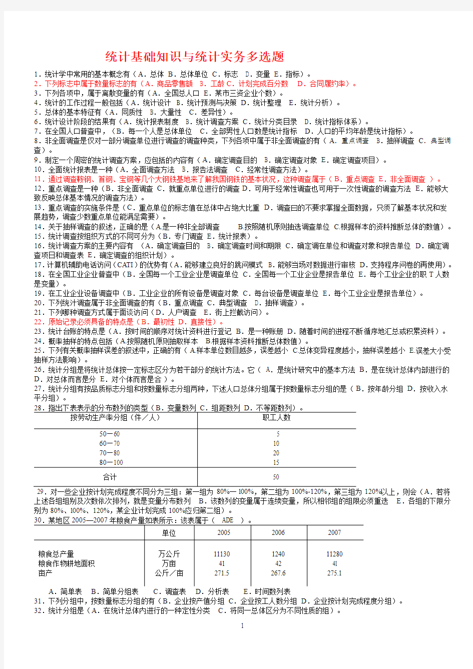 统计基础知识与统计实务(多选题)