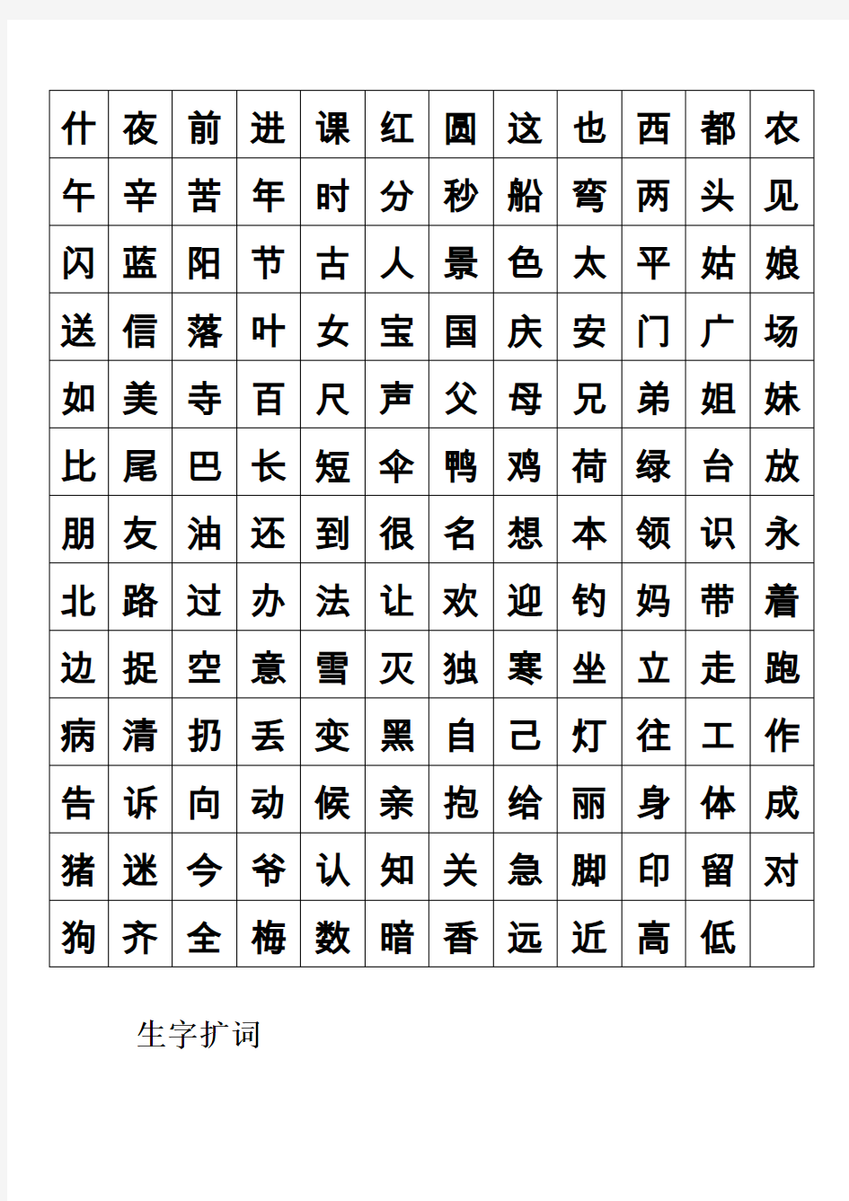 上海一年级语文生字表和组词表