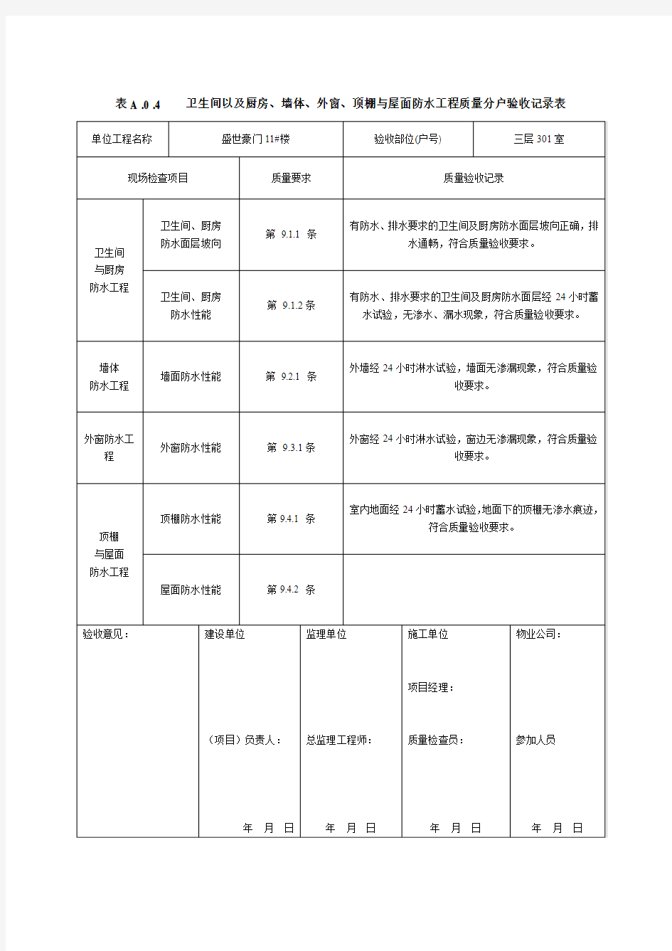 表A .0 .4 卫生间以及厨房、墙体、外窗、顶棚与屋面防水工程质量分户验收记录表