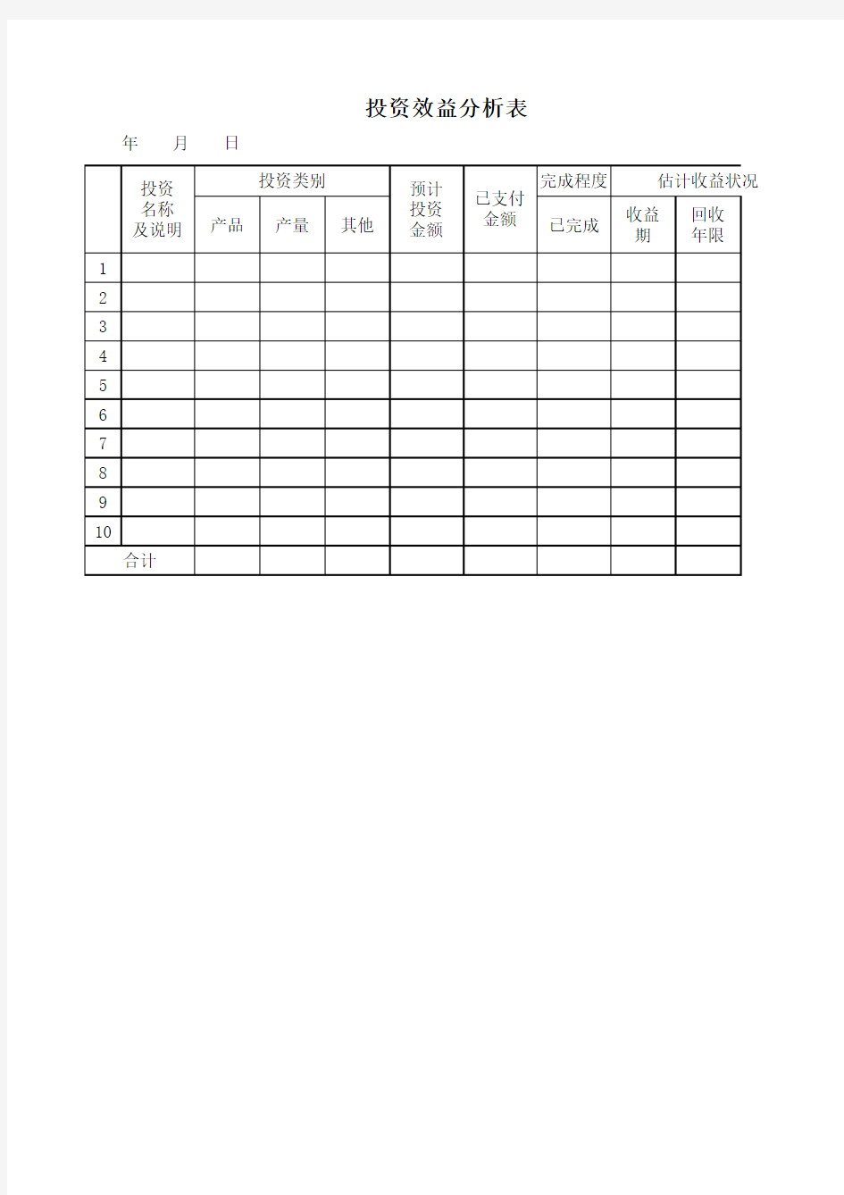 投资效益分析表