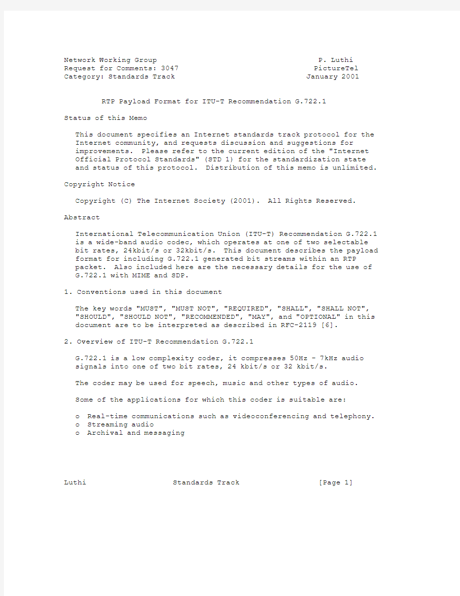 rfc3047.RTP Payload Format for ITU-T Recommendation G.722.1