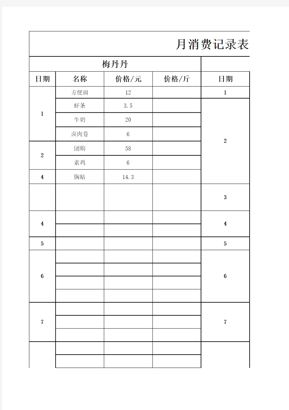 月消费记录表