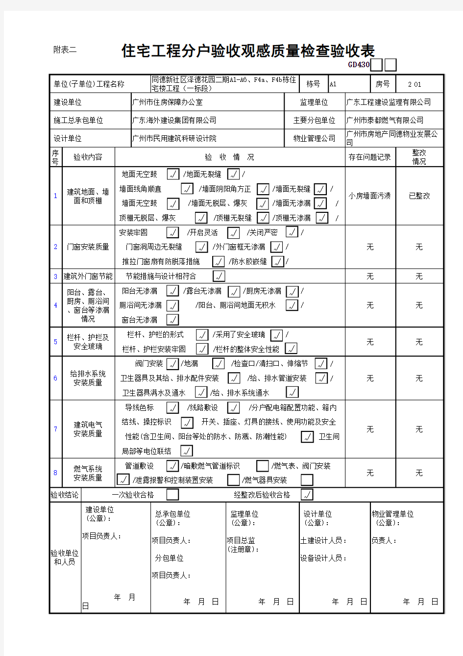 住宅工程分户验收观感质量检查验收表-A1-2(2)