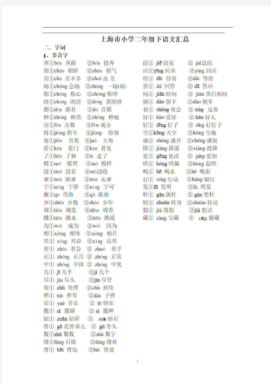 上海小学语文2年级下学期复习资料