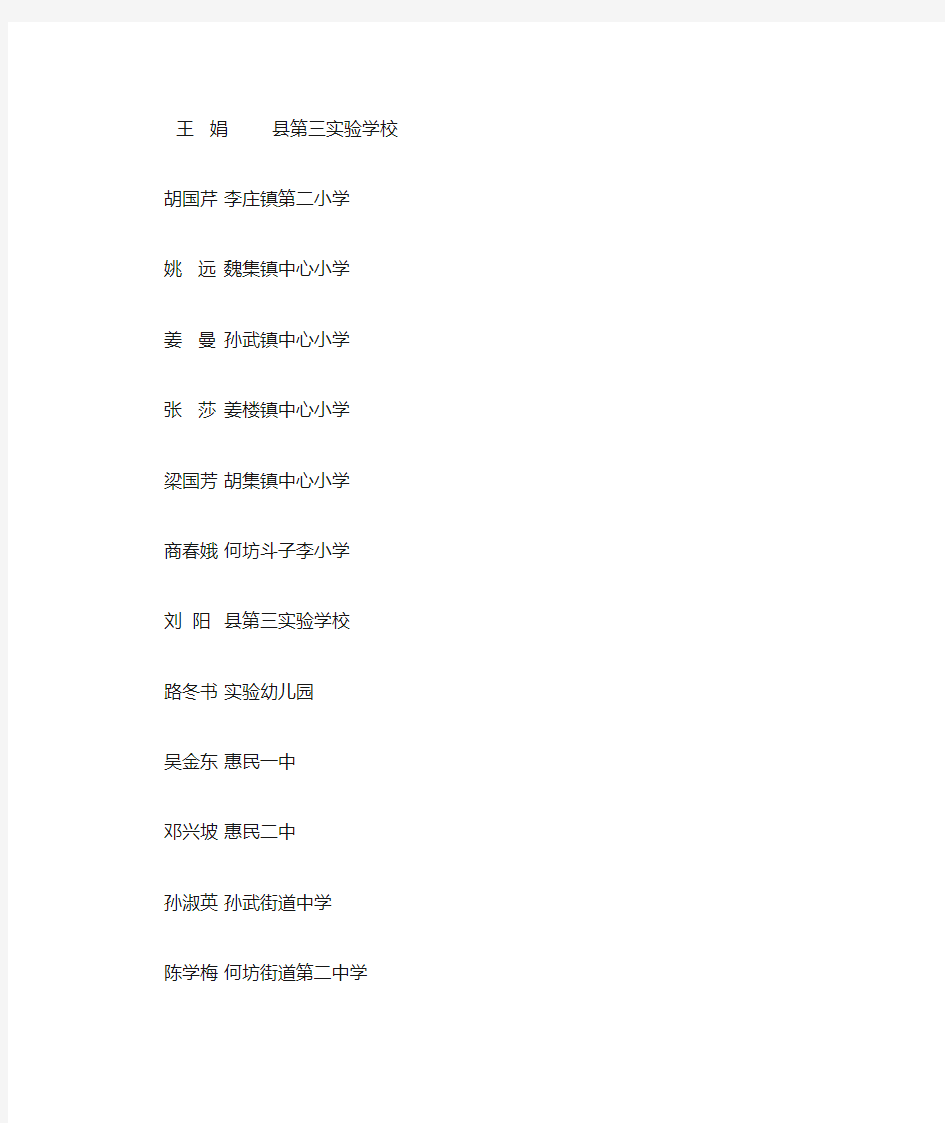 惠民县名校长名教师名班主任培养工程人选名单