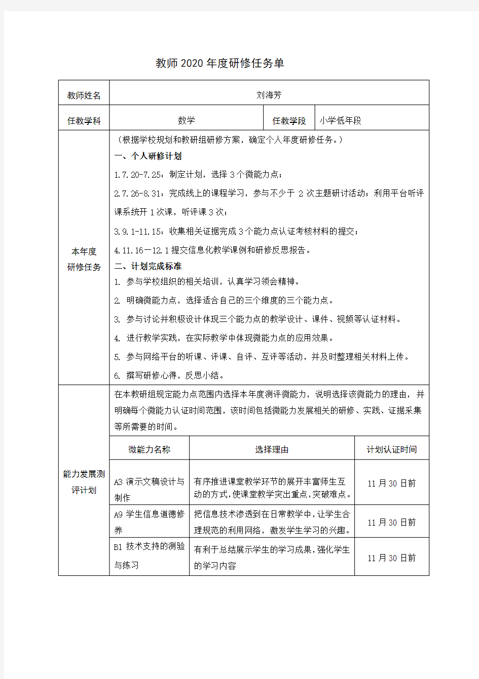 刘海芳教师个人2020年度研修任务单