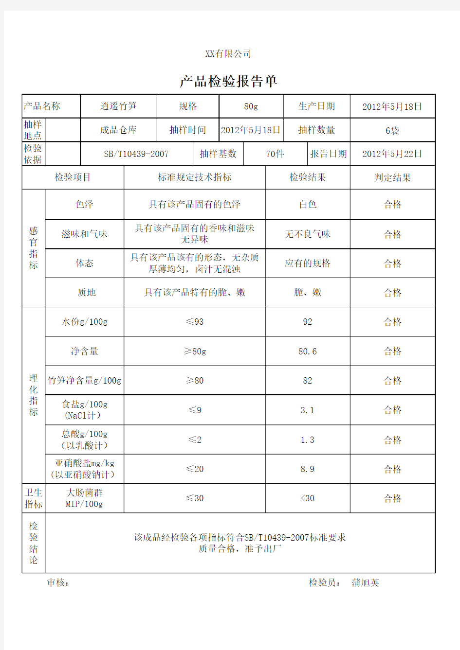 公司产品检验报告单excel模版 