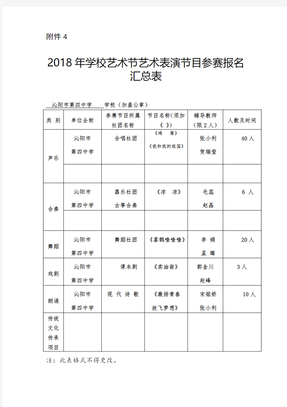 沁阳四中艺术节报名表