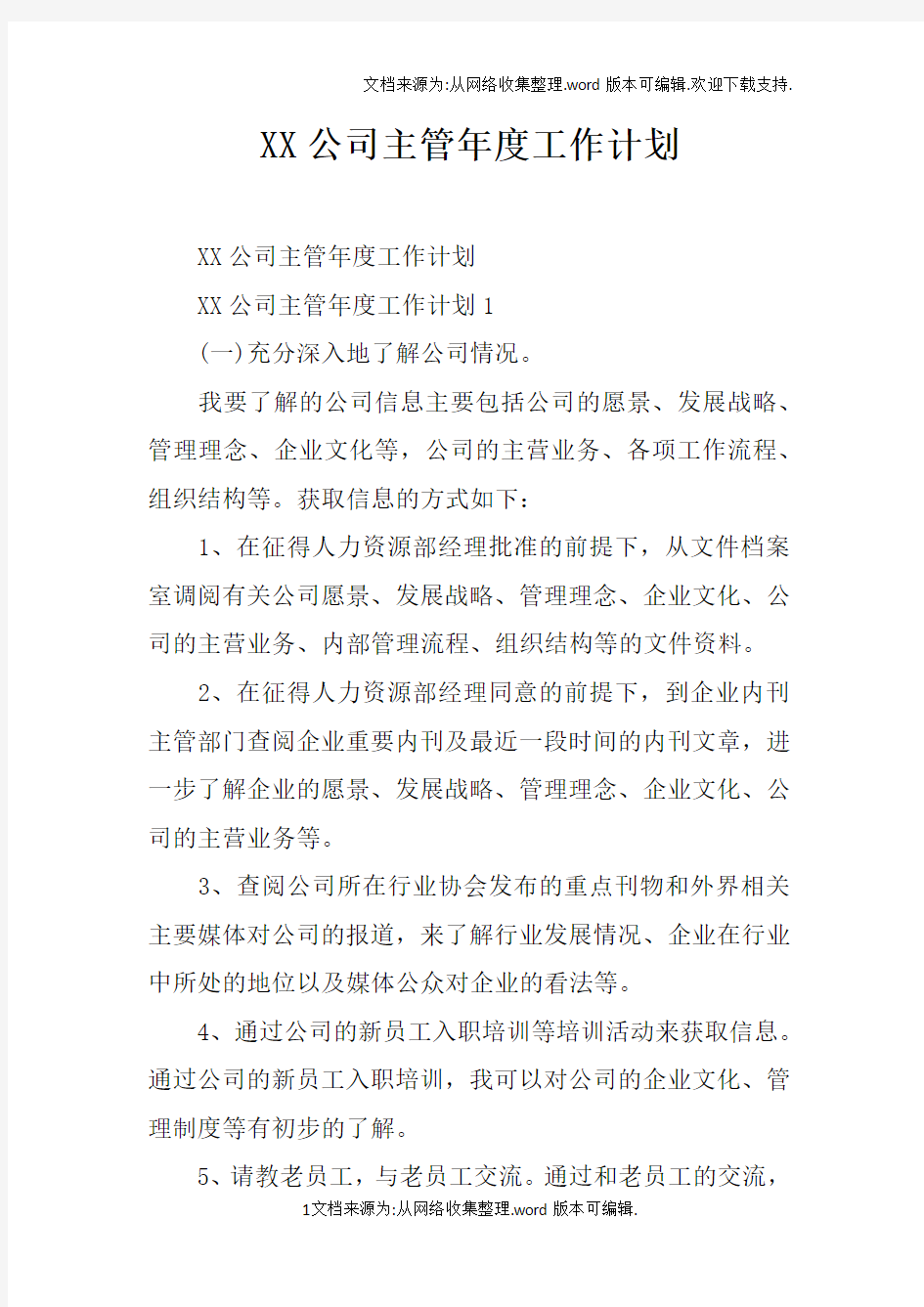 XX公司主管年度工作计划