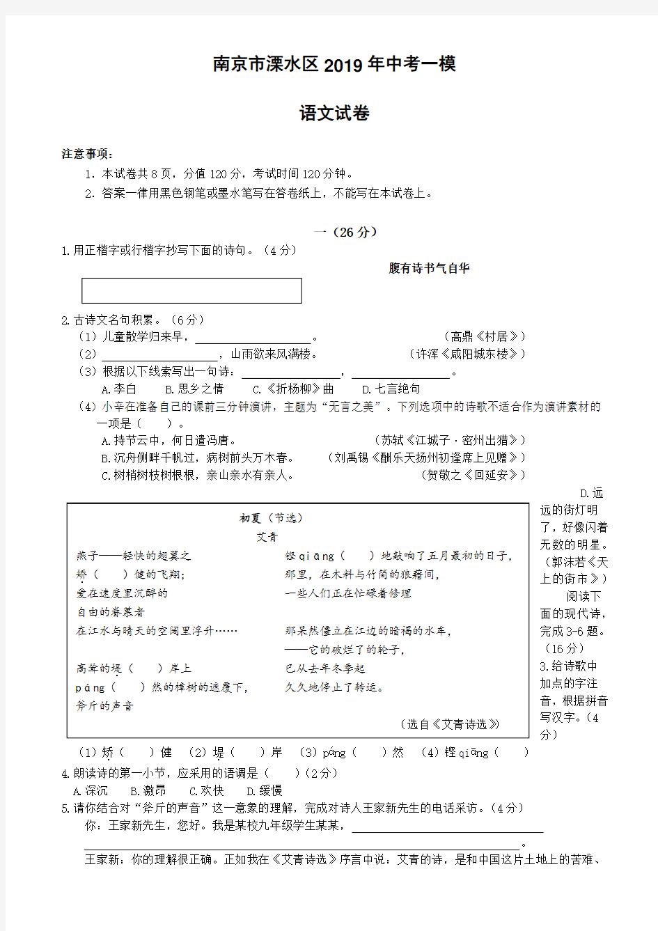南京市溧水区2019年中考一模语文试卷(含答案)