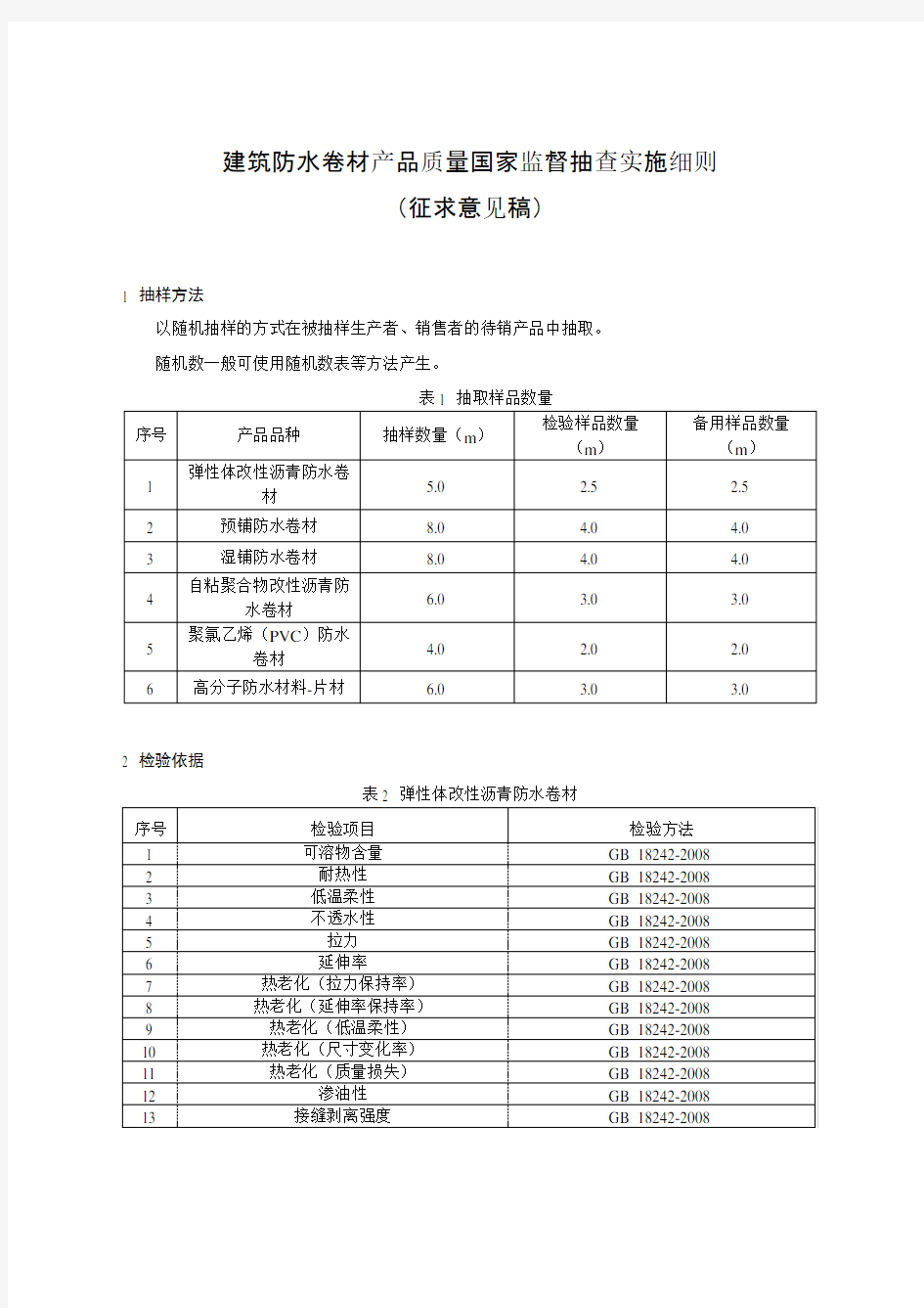 建筑防水卷材产品质量国家监督抽查实施细则(征求意见稿)