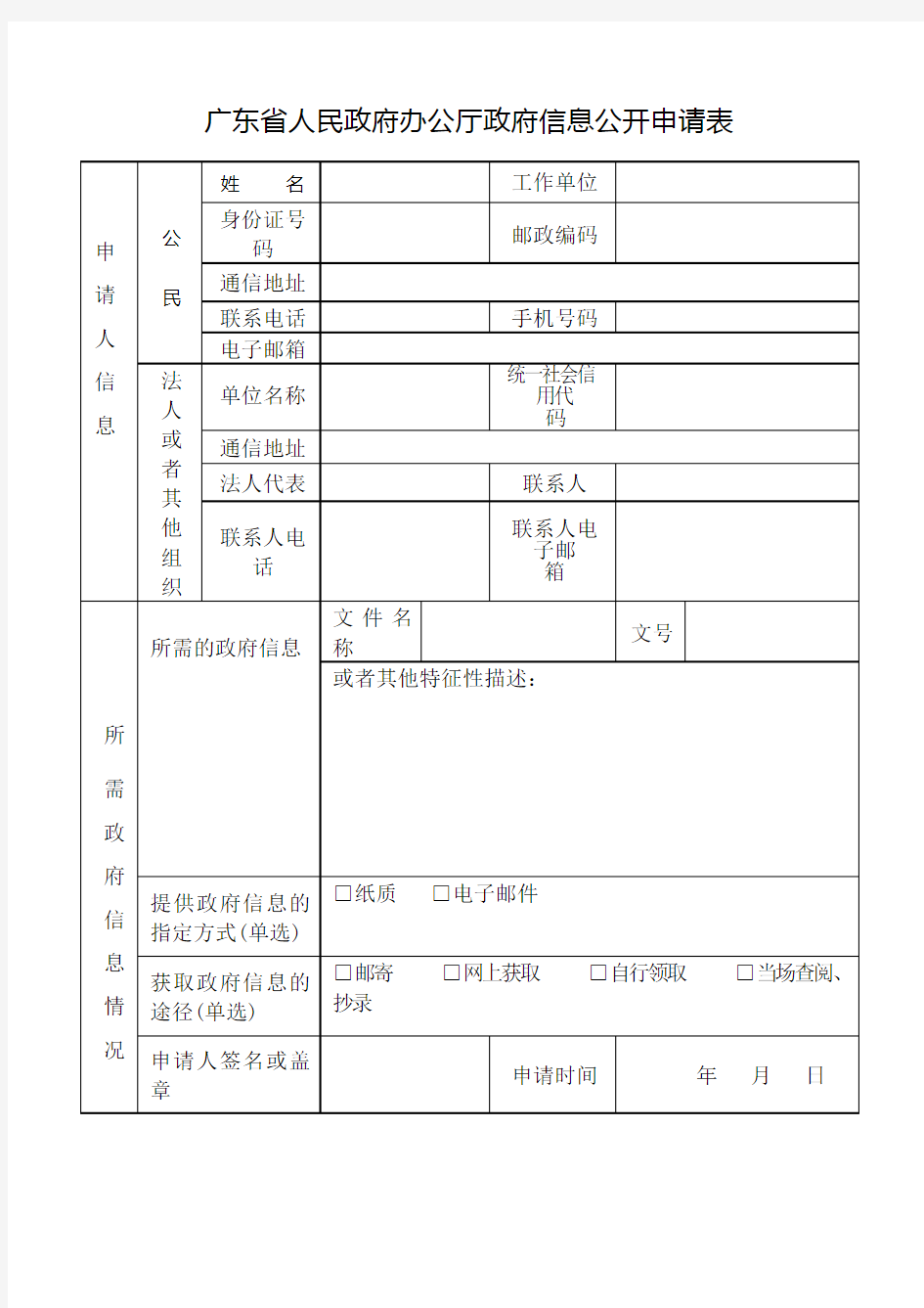 广东省人民政府办公厅政府信息公开申请表