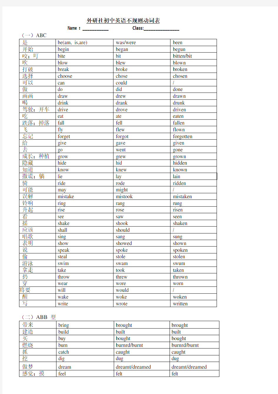 (完整)外研社初中英语不规则动词表复习版.pdf