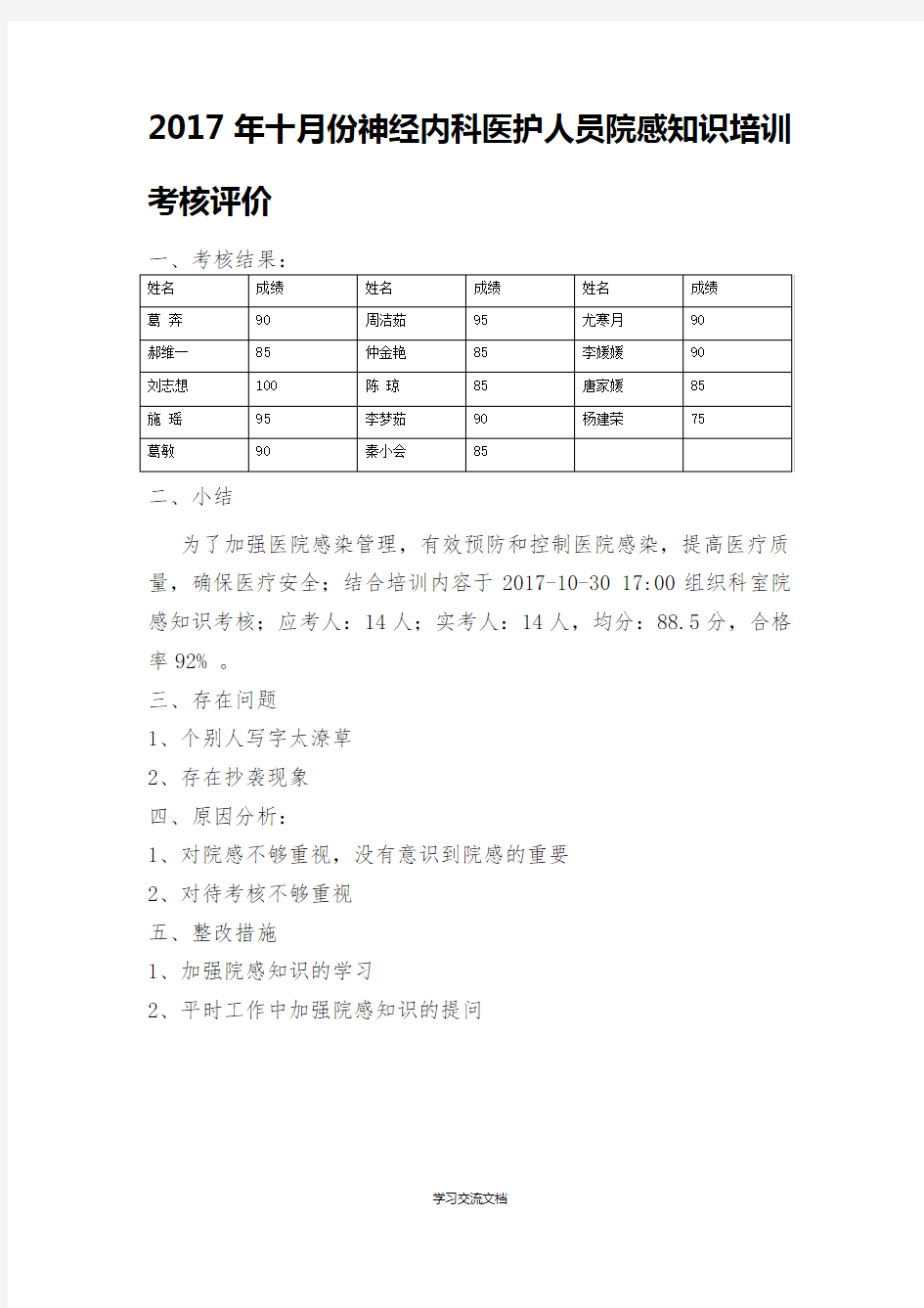 院感知识培训考核评价