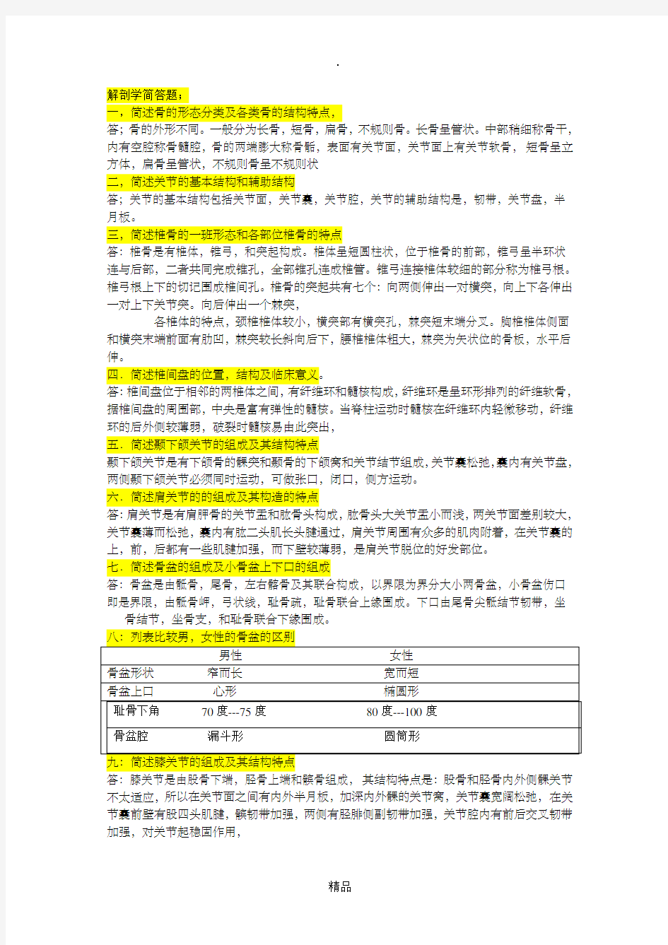 解剖学简答题