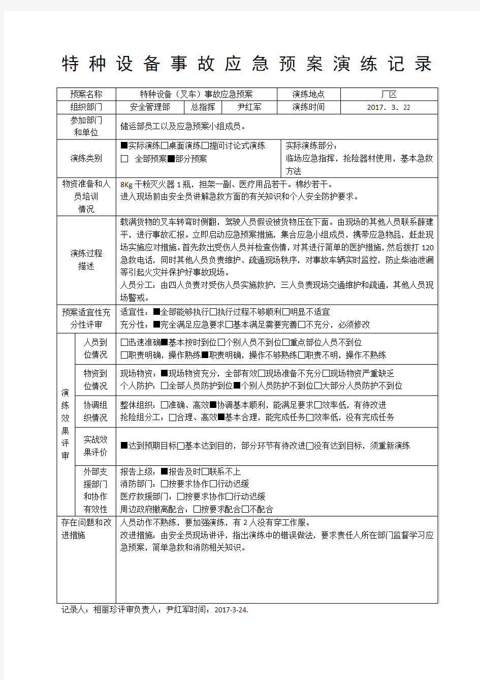 特种设备应急预案演练记录87942