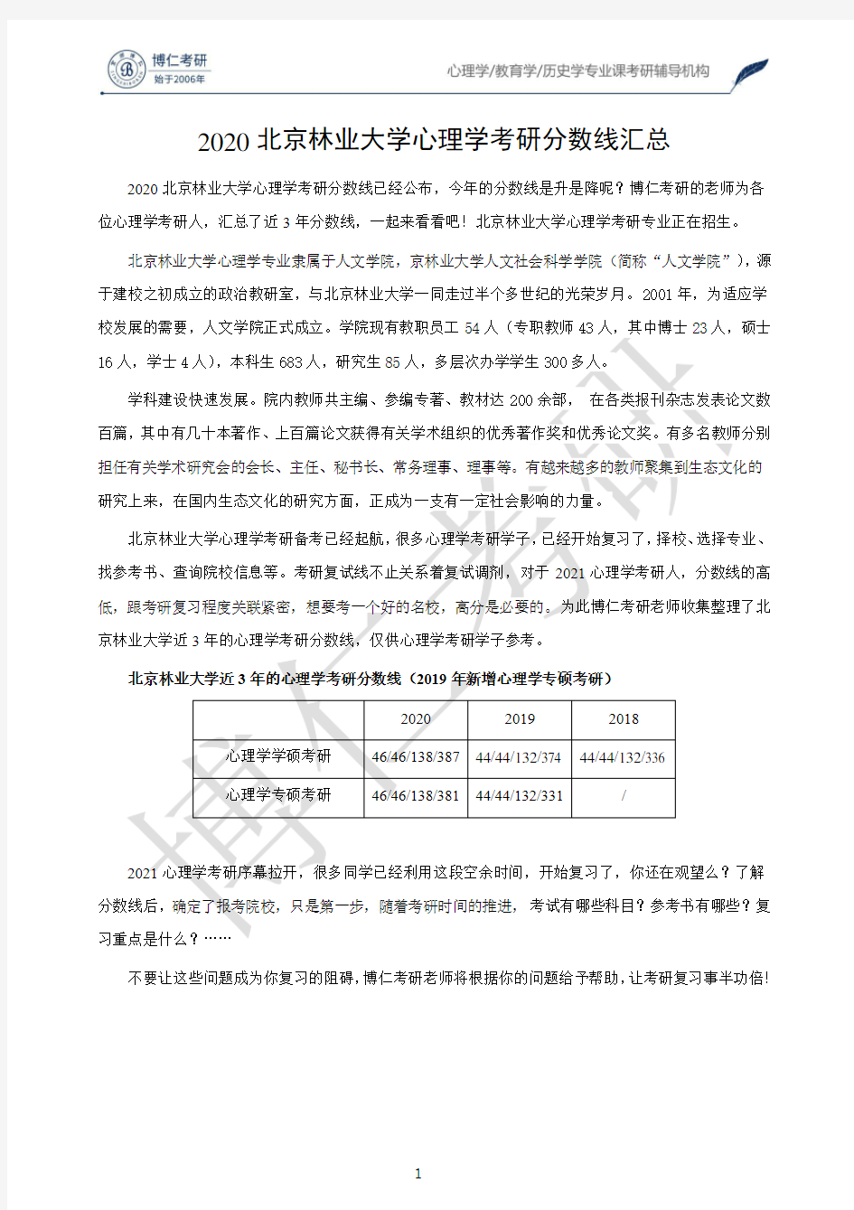 2020北京林业大学心理学考研分数线汇总