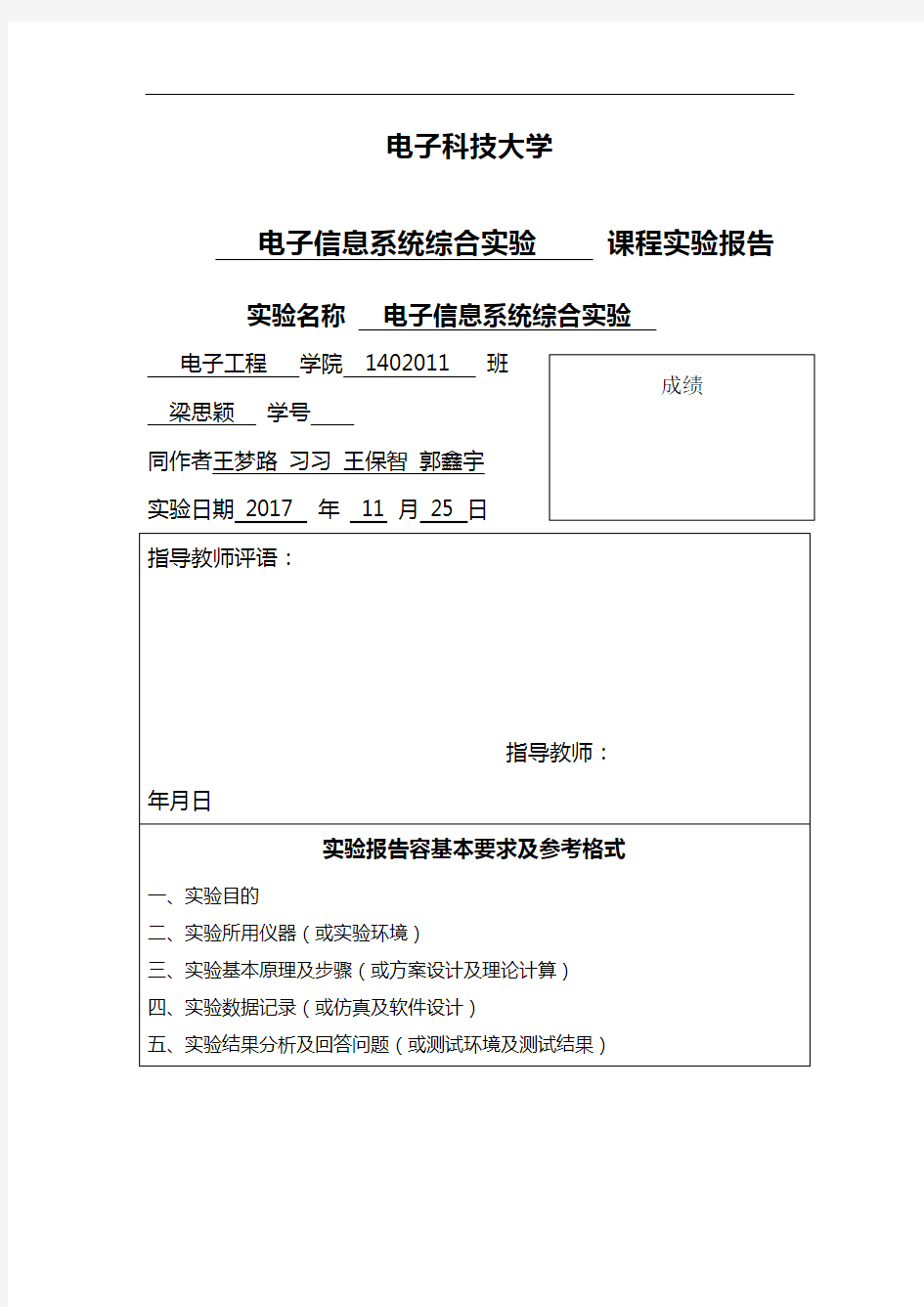 西电电子信息系统综合实验报告材料