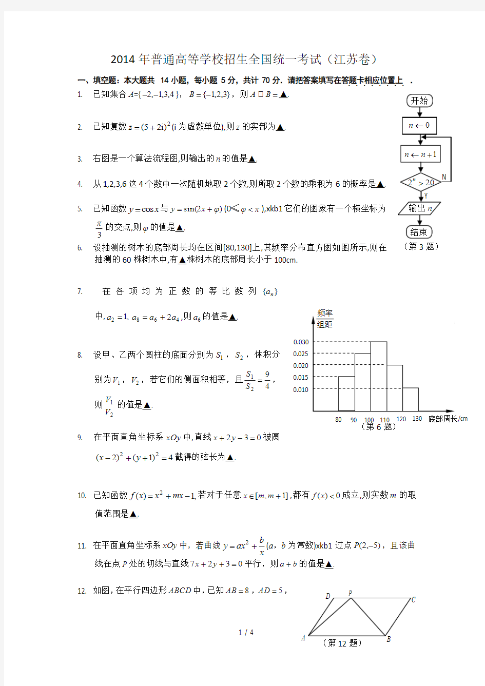 2014江苏省高考数学模拟试题word版