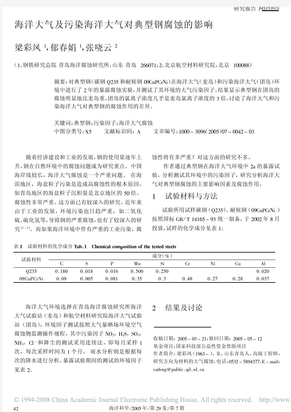 海洋大气及污染海洋大气对典型钢腐蚀的影响