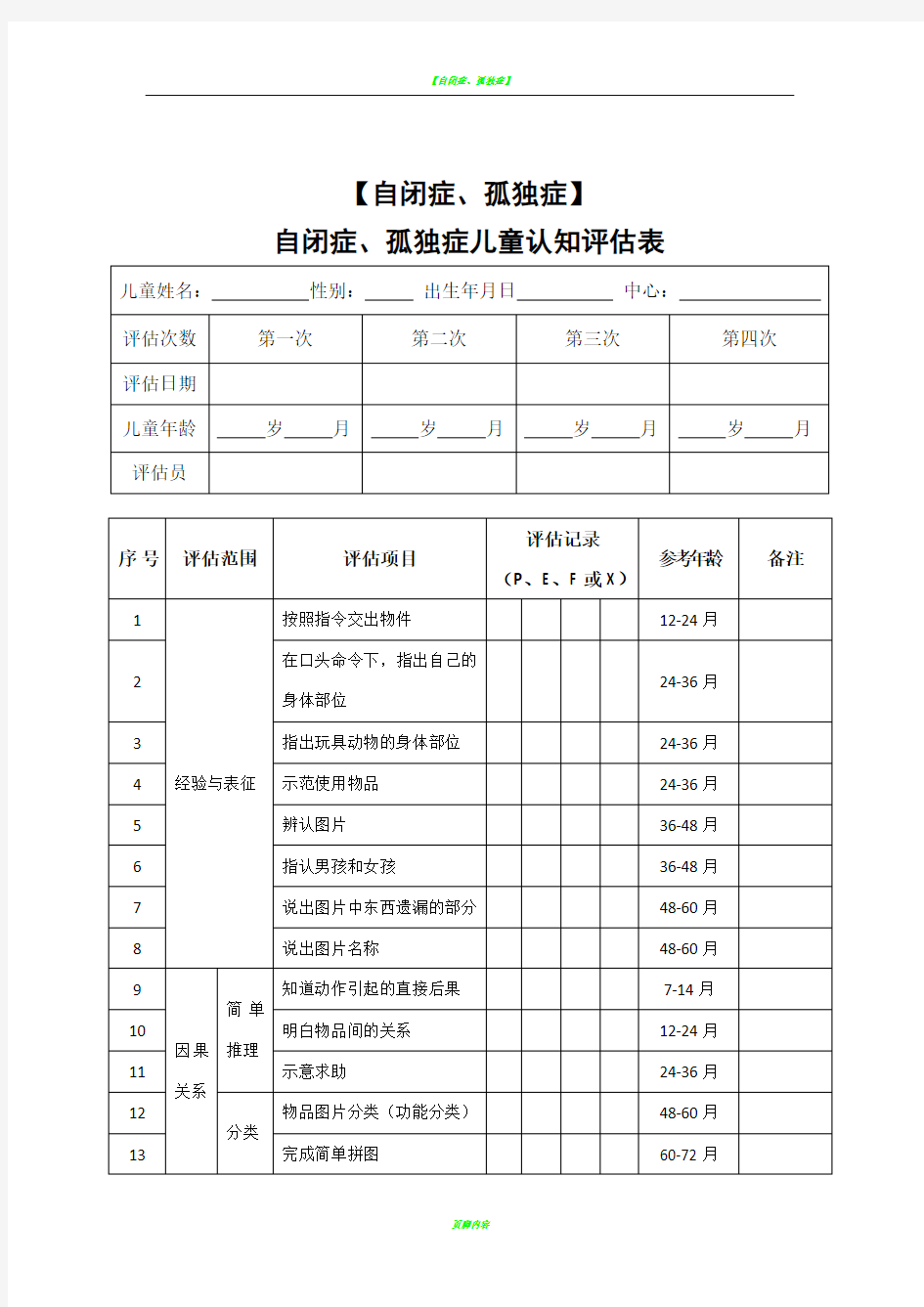 自闭症、孤独症儿童认知能力评估表