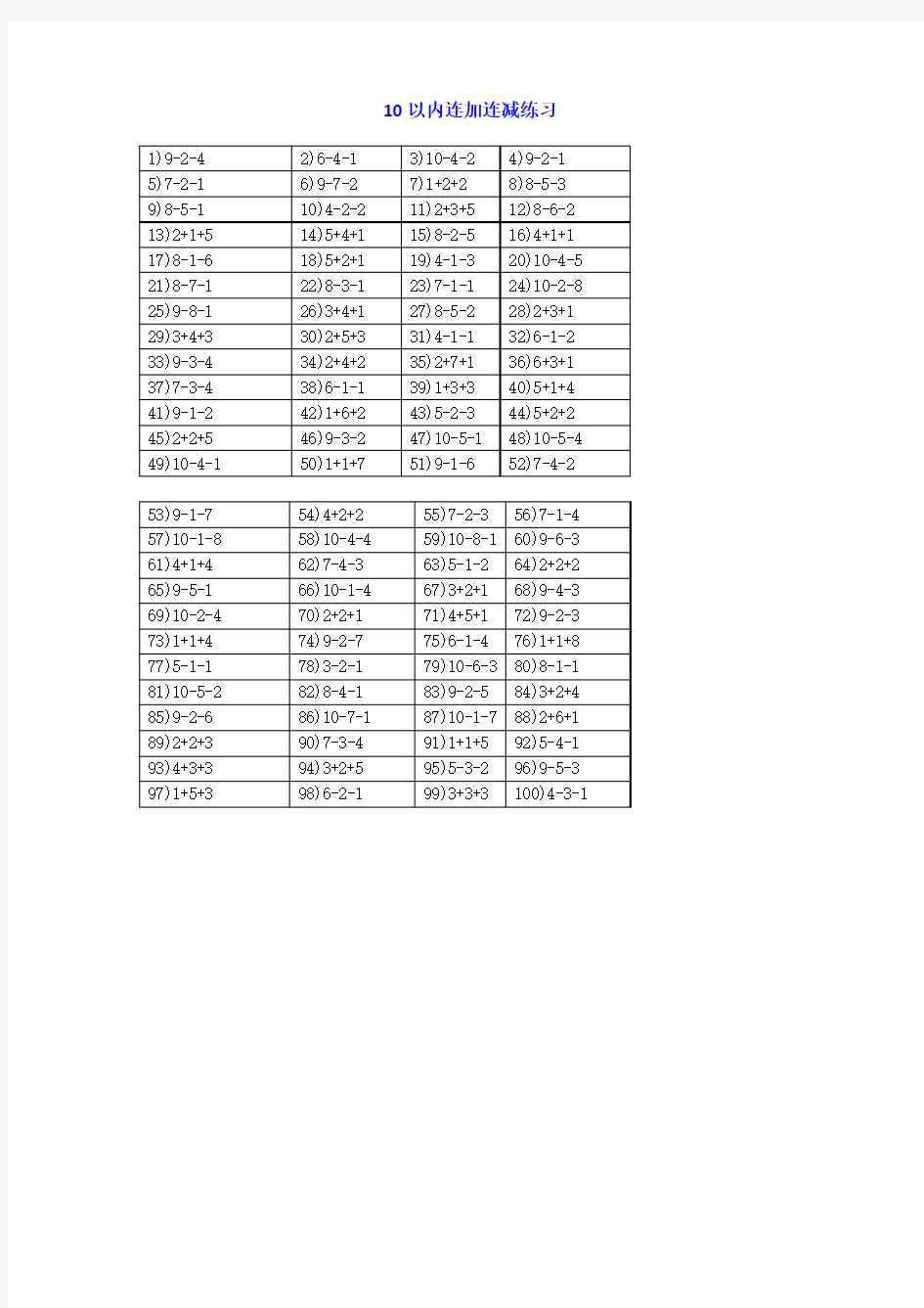 一年级数学10以内连加连减练习题100道