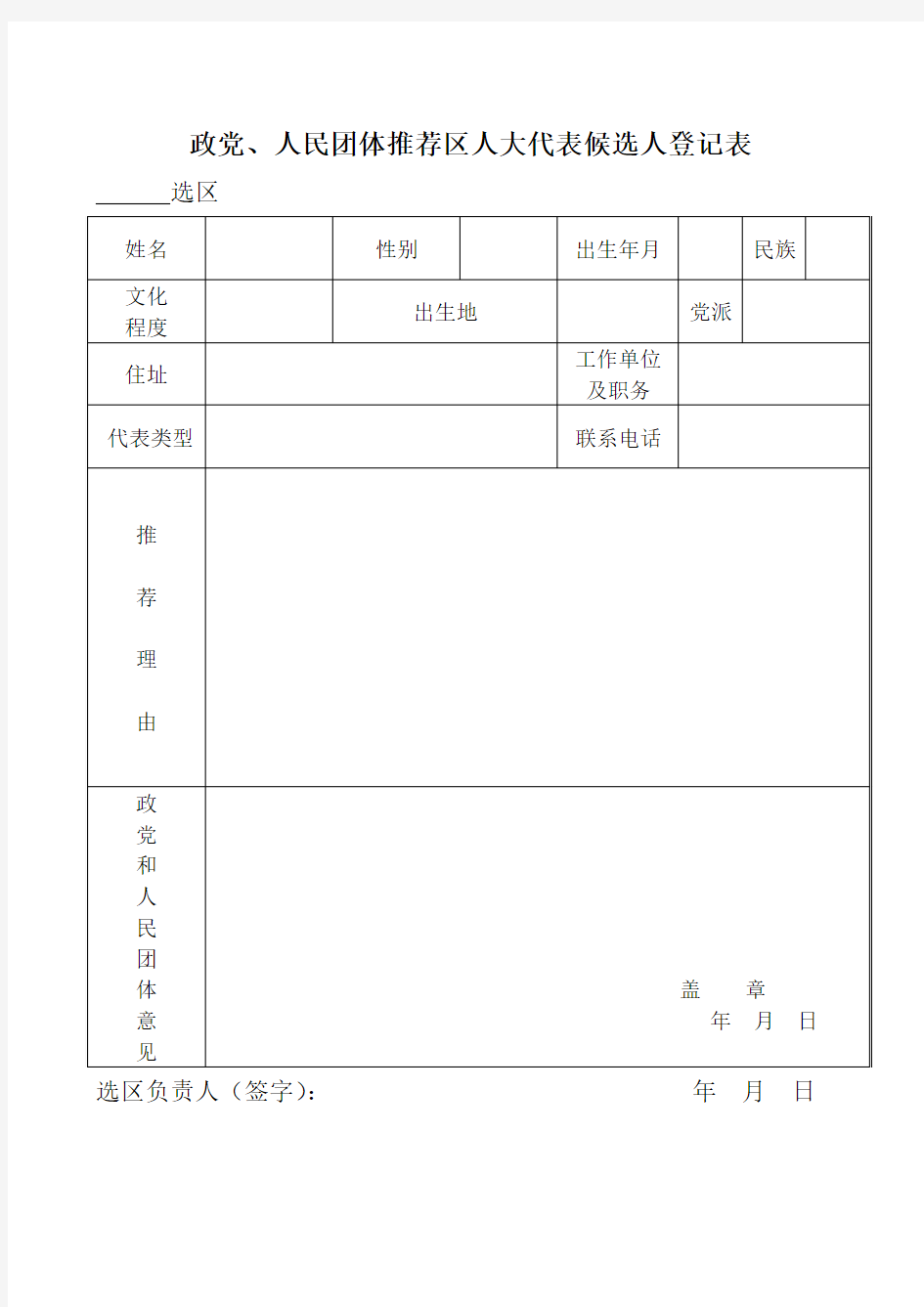 政党、人民团体推荐区人大代表候选人登记表