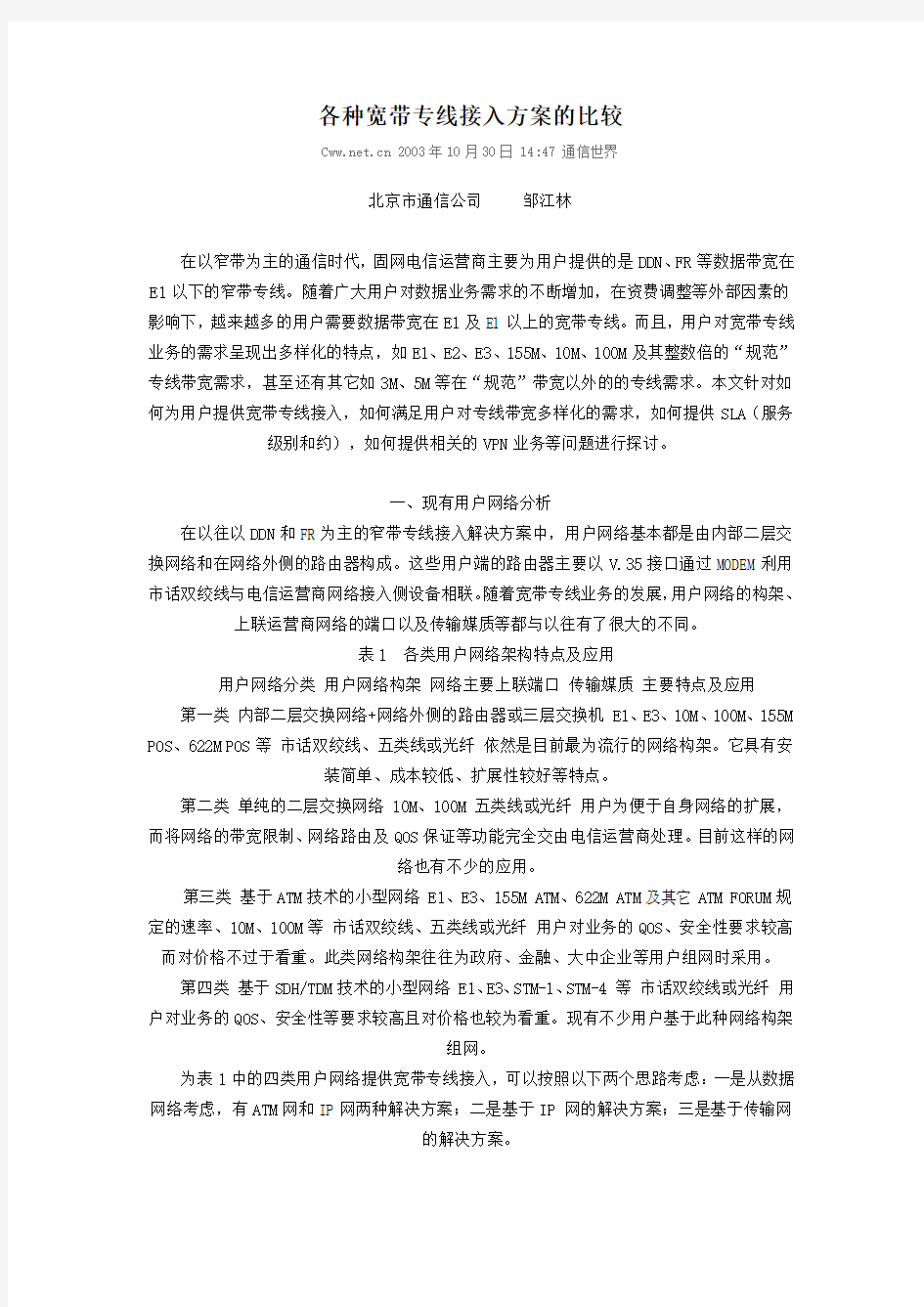 各种宽带专线接入方案的比较