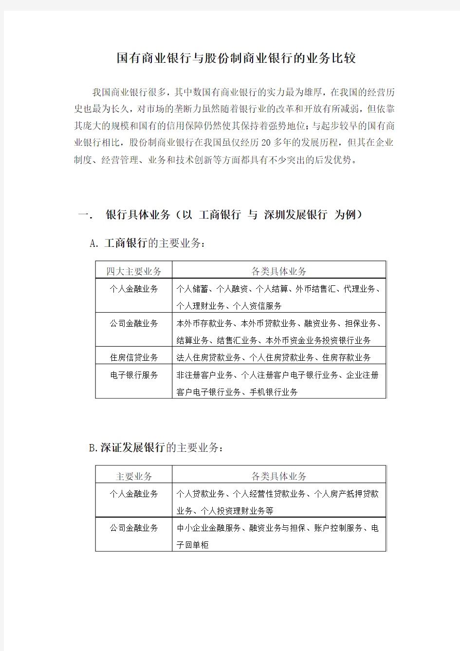 国有商业银行与股份制商业银行的业务比较