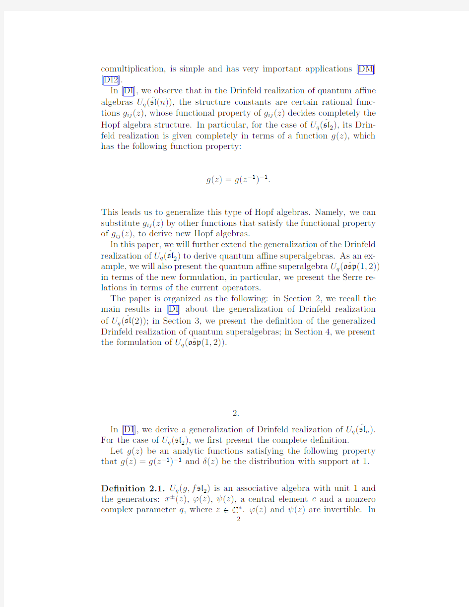 Generalized Drinfeld realization of quantum superalgebras and $U_q(hat {frak osp}(1,2))$