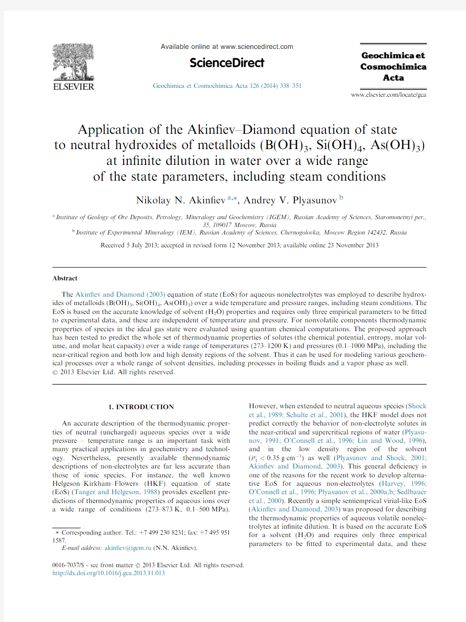 Application of the Akinfiev-Diamond equation of state to neutral hydroxides of metalloids