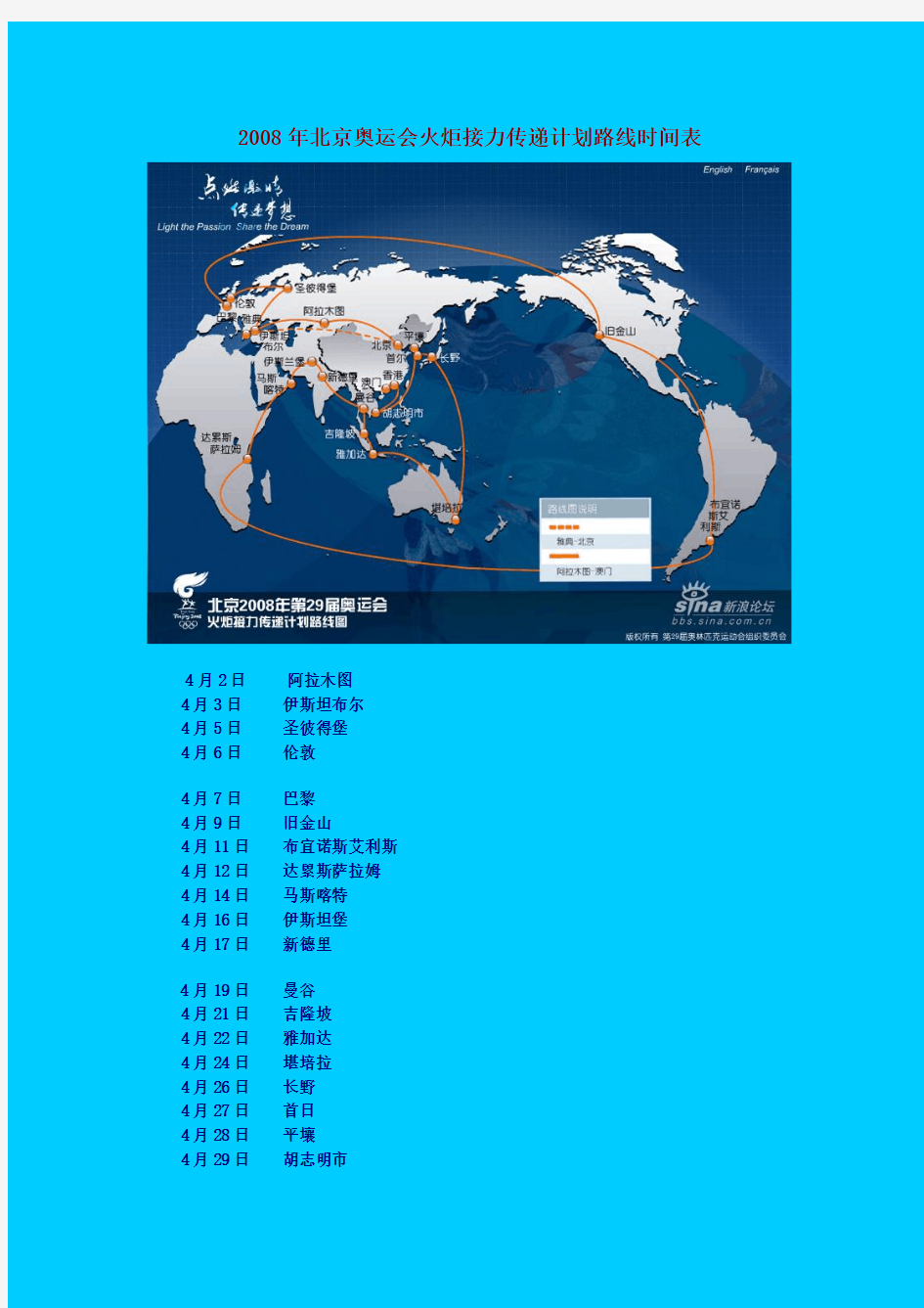 2008年北京奥运会火炬接力传递计划路线时间表