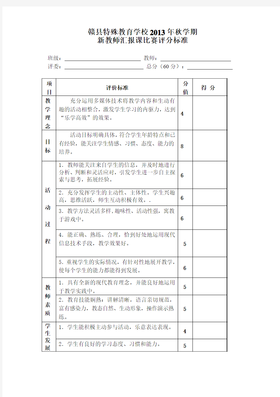 教师优质课比赛评分标准