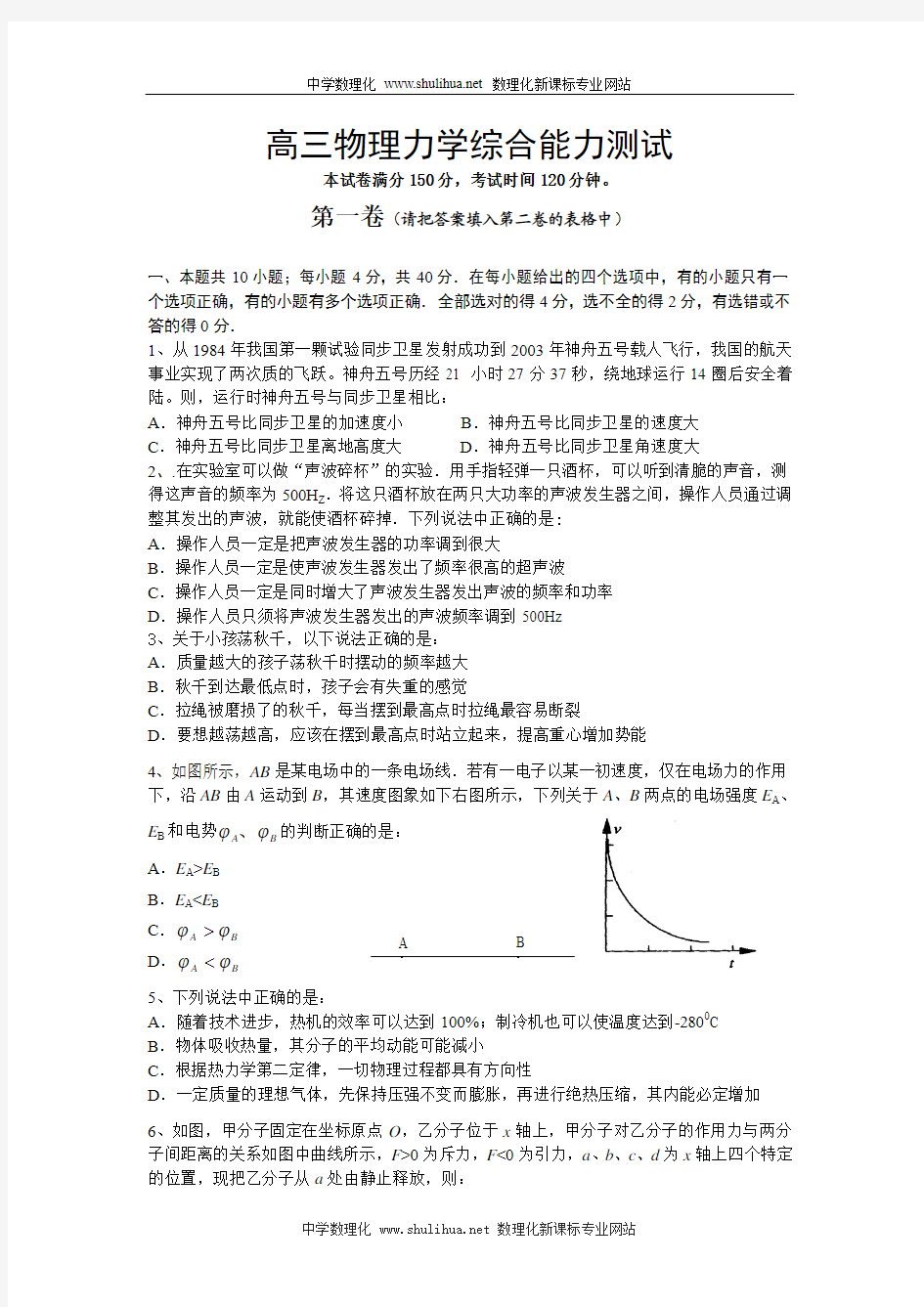 高三物理力学综合能力测试