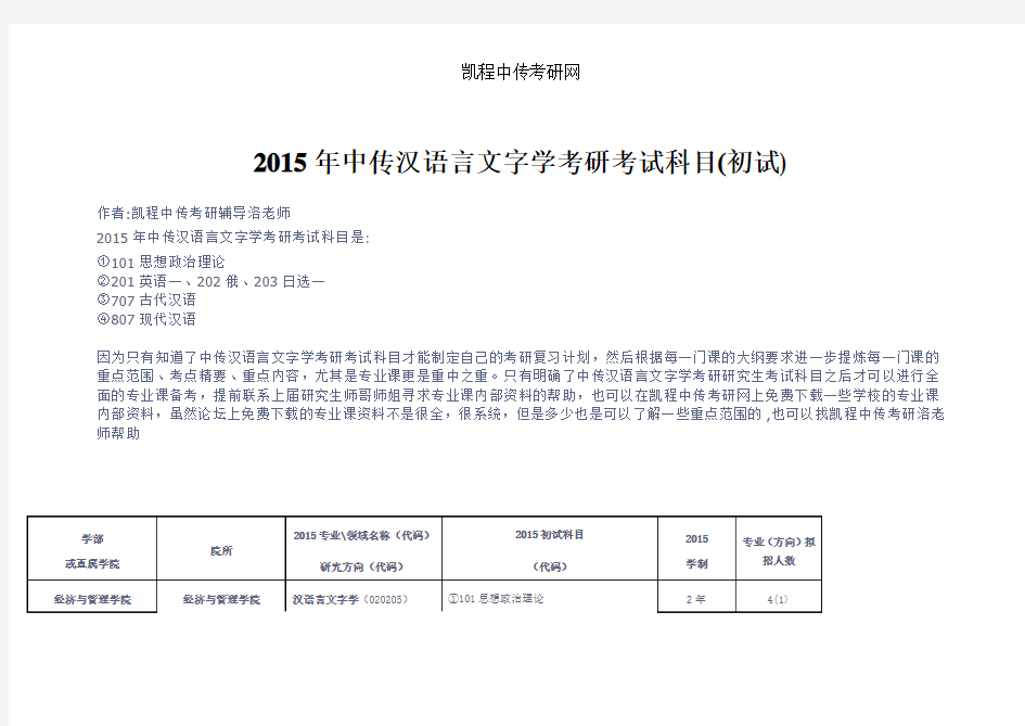 2015年中传汉语言文字学考研考试科目(初试)