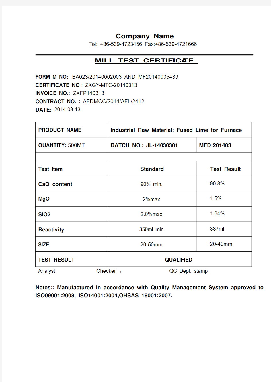 Mill Test Certificate_文档之家