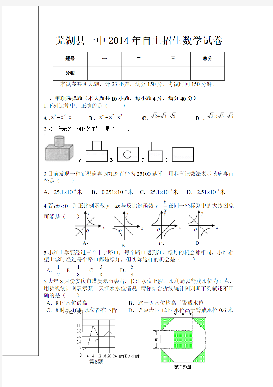 安徽省芜湖县第一中学2014年高一自主招生考试数学试卷