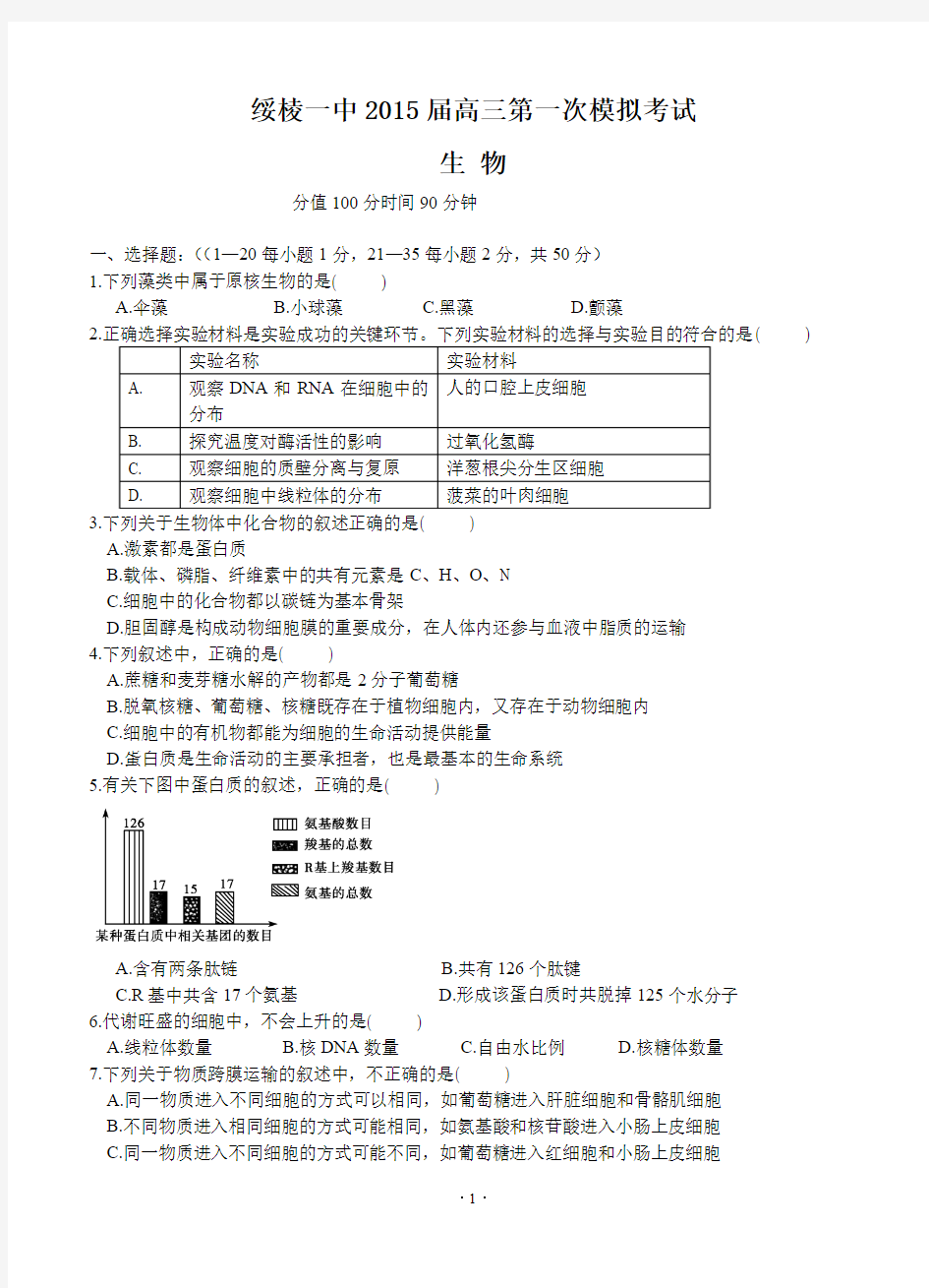 黑龙江省绥棱一中2015届高三第一次模拟考试 生物