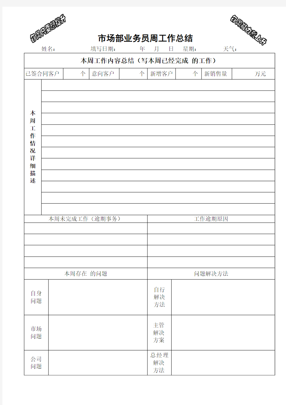 业务员周工作总结及工作计划表