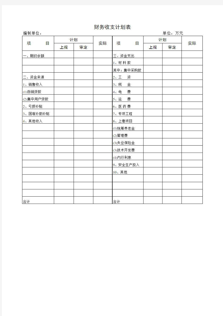 财务收支计划表.