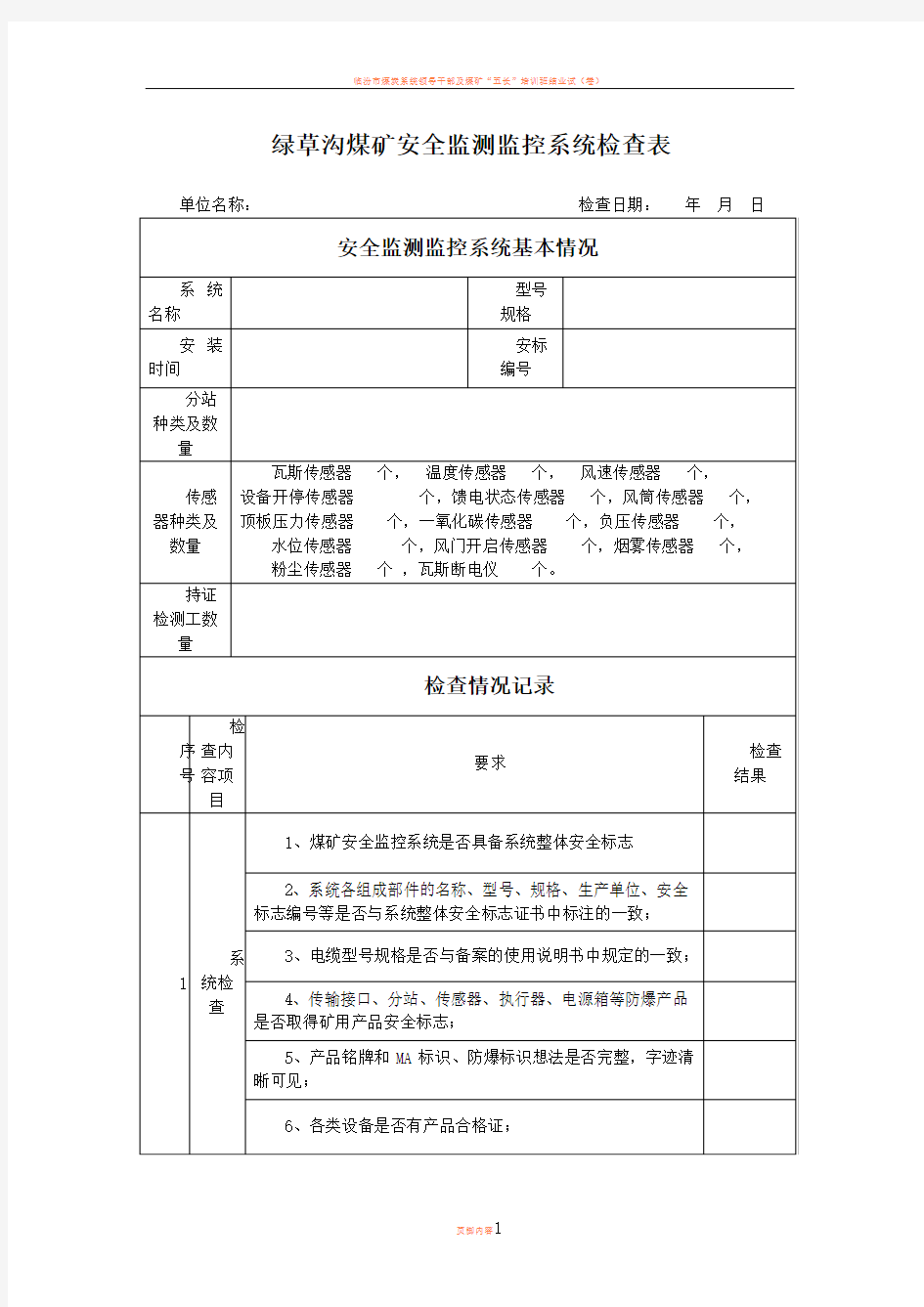 安全监测监控系统检查表