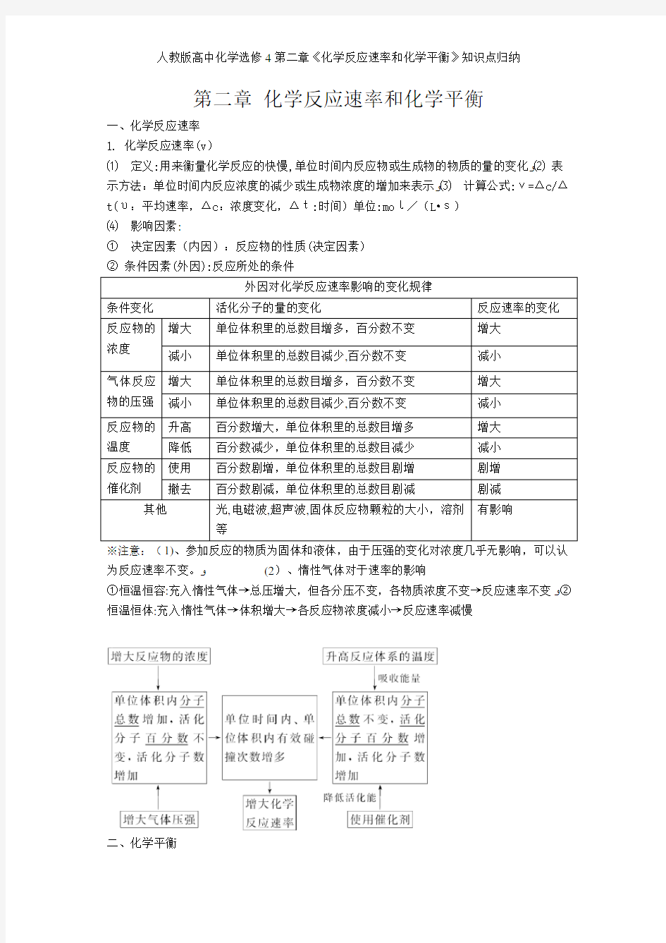 人教版高中化学选修4第二章《化学反应速率和化学平衡》知识点归纳