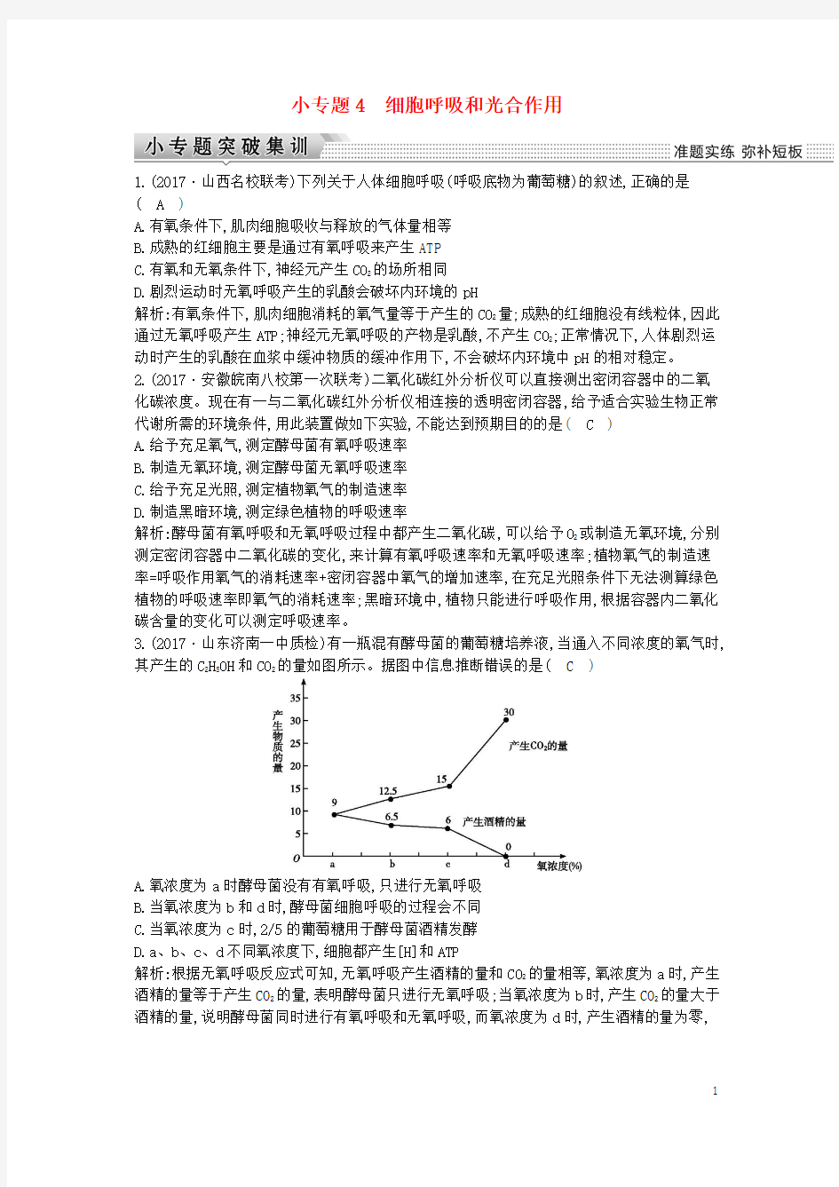 2018届高考生物二轮复习小专题4细胞呼吸和光合作用练习