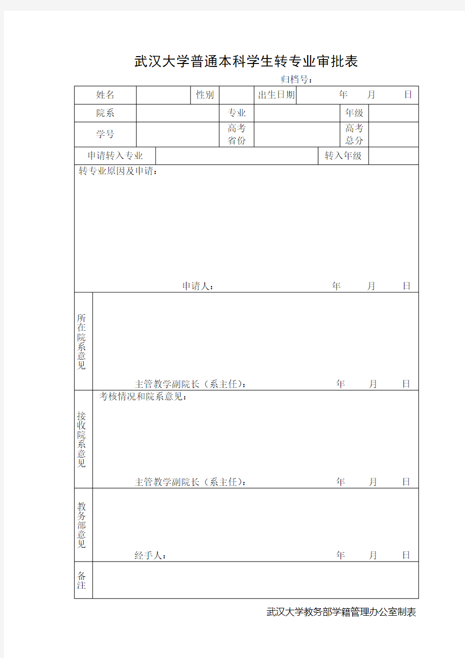 武汉大学普通本科学生转专业审批表