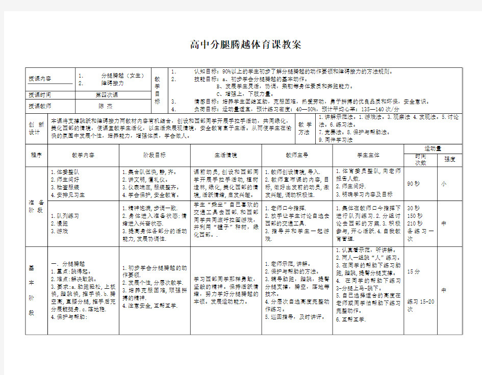 高中分腿腾越体育课教案