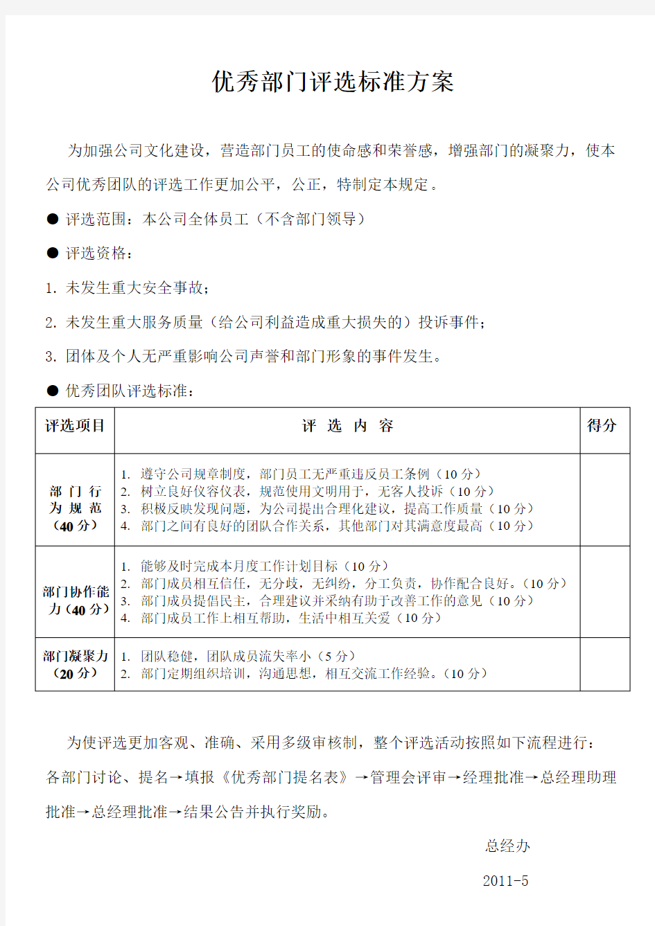 优秀部门评选标准方案