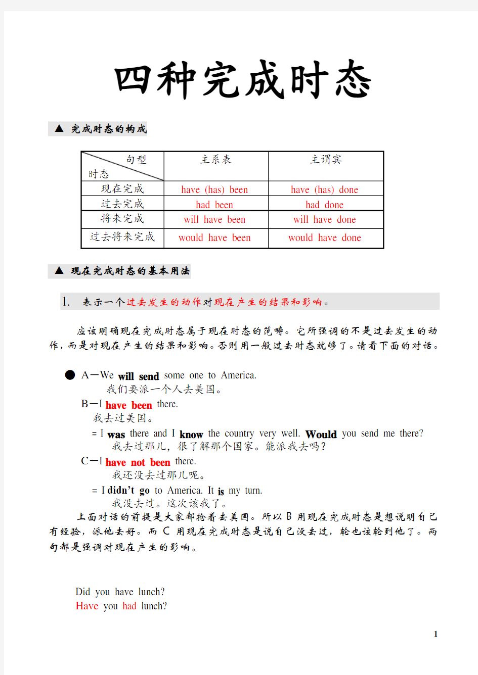 高中英语语法-4种完成时态讲解与训练