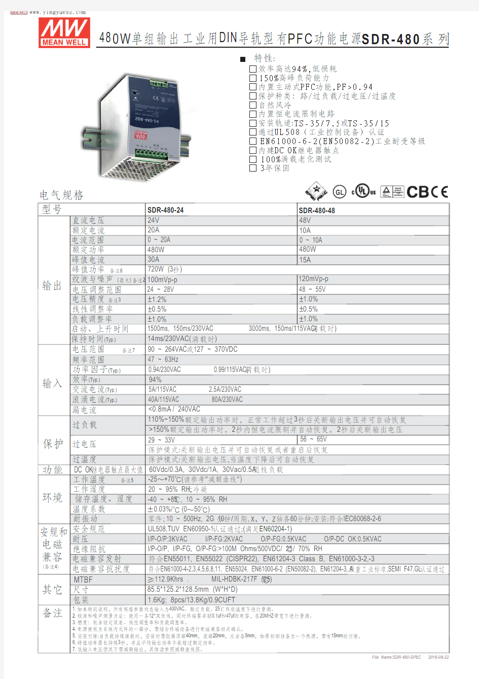 台湾明纬导轨电源SDR-480-24v  48v规格书